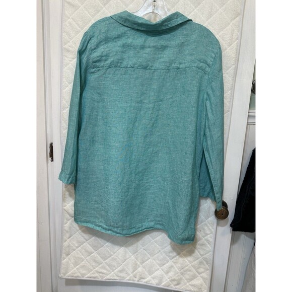 Tahari Linen Tunic Large Green 3/4 Sleeve Mother of Pearl Buttons V-Neck Coastal - Picture 2 of 5